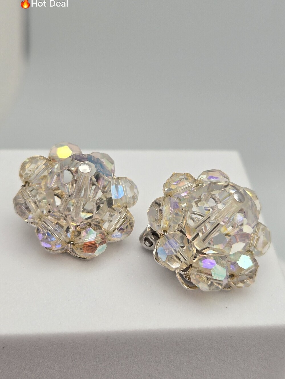 Vintage Aurora Borealis AB Crystal Cluster Clip-On Earrings Silver Tone 7/8"